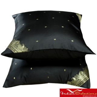 Set of Two Sari Fabric Decorative Black Pillow Covers (India