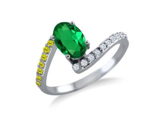 0.84 Ct Oval Green Nano Emerald Canary Diamond 925 Sterling Silver Ring 