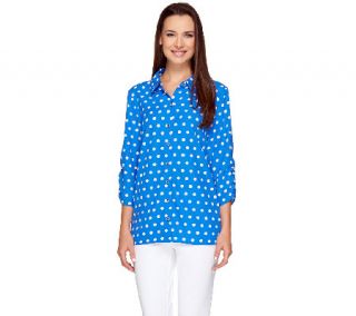 Susan Graver Cool Peach Polka Dot Shirt with Ruched Sleeves —