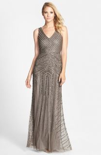 Adrianna Papell Beaded Mesh V Neck A Line Gown