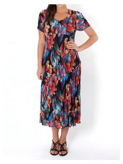 Chesca Plus Size Abstract Leaf Print Crush Pleat Dress Black