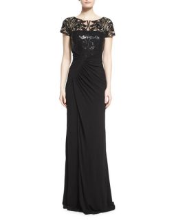 David Meister Short Sleeve Lace Bodice Ruched Gown