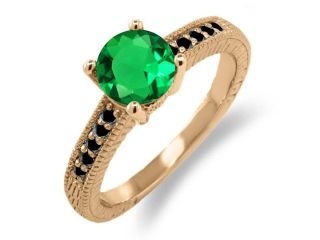 1.39 Ct Round Green Simulated Emerald Black Diamond 14K Rose Gold Engagement Ring 