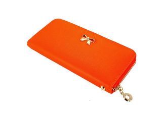 New Fashion Lady  Bow Tie Zipper Around Women Clutch Leather Long Wallet Card Holder Case Purse Handbag Bag   Orange