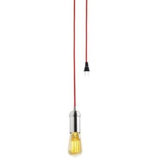 Globe Electric 1 Light Brushed Steel Vintage Plug In Hanging Socket Pendant with Red Rope 64917