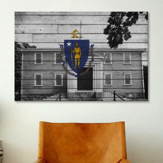 Massachusetts Flag, Grunge First Old Ship Church Graphic Art on Canvas