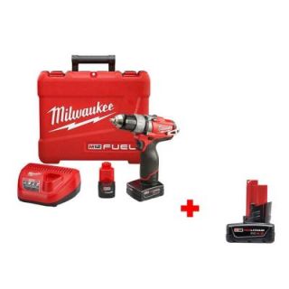 Milwaukee M12 FUEL 12 Volt Lithium Ion Brushless 1/2 in. Drill/Driver Kit with Free M12 4.0Ah Extended Capacity Battery 2403 22 48 11 2440