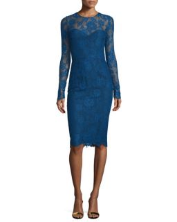 Monique Lhuillier Long Sleeve Lace Sheath Dress, Royal Blue