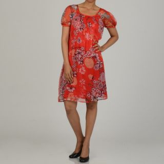 La Cera Womens Short Sleeve Pleated Chiffon Floral Dress