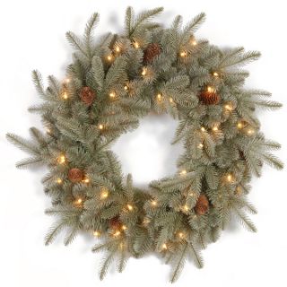 24 inch Feel Real Frosted Arctic Spruce Wreath with Cones and 50 Clear