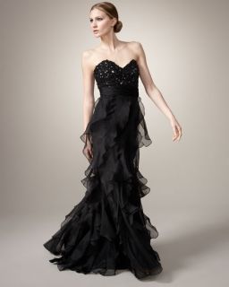 Badgley Mischka Collection Strapless Beaded Bodice Gown, Black