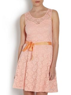 Morgan Lace overlay dress with ribbon tie Coral