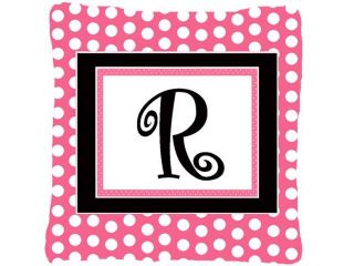 Letter R Initial Monogram Pink Black Polka Dots Decorative Canvas Fabric Pillow