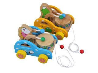Pull Along Wooden Car w/ Cute Frog Playing Drum Pre school Kids Toy Random Color