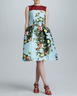 Carolina Herrera Floral Jacquard Full Skirt Dress, Sky/Multicolor